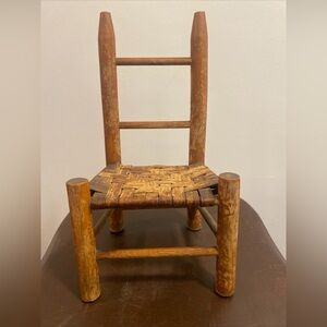 Vintage At Least 55+ Years Wood Wicker Doll Chair, 11 1/2“ Tall, Farmhouse cabin